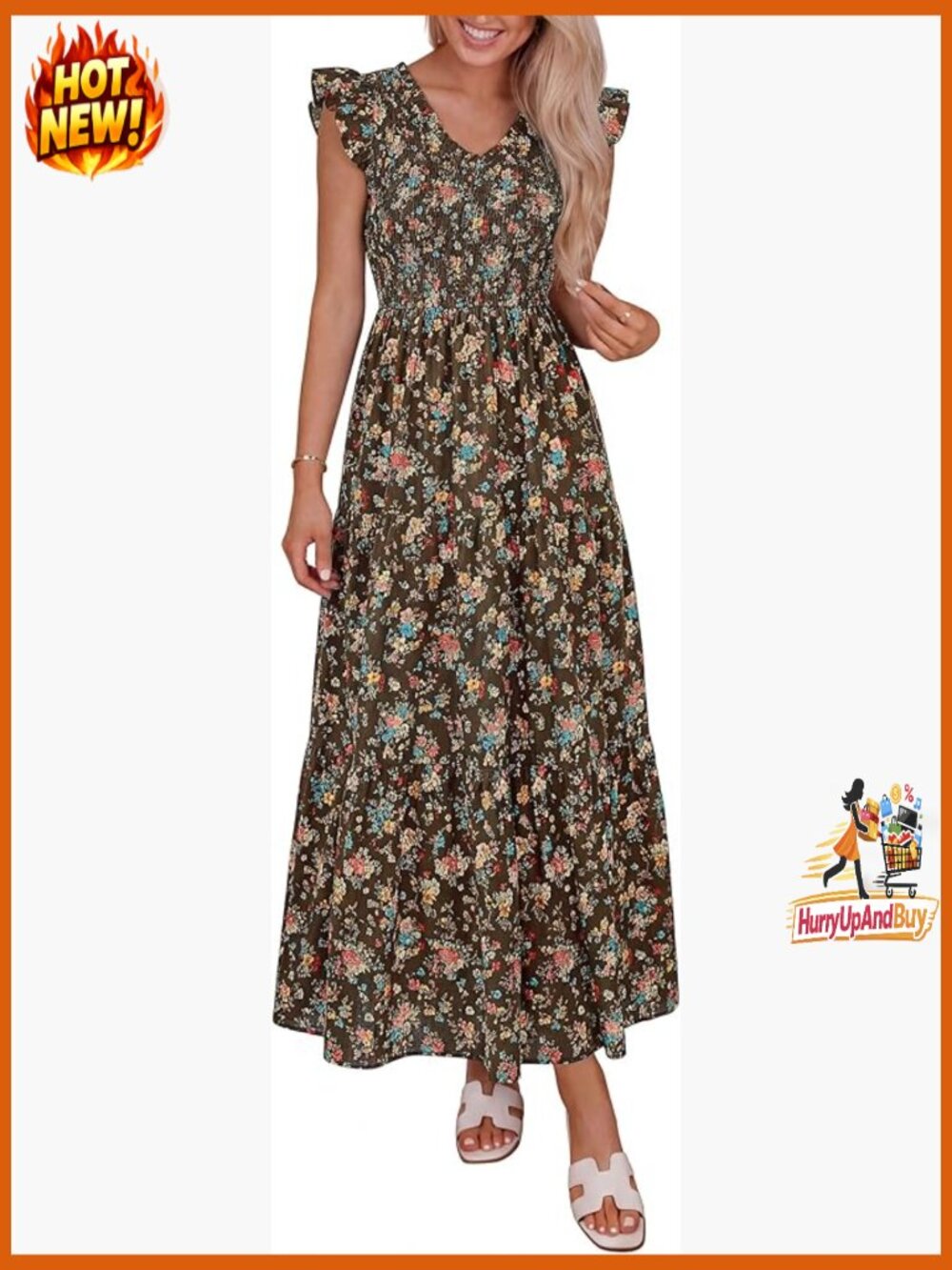 Boho Floral Maxi Dress Smocked V-Neck Ruffle Sleeve Lightweight Summer